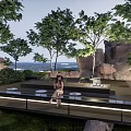 Scenic Park Landscape With Lush Trees Rocky Outcrops Seaside View And Illuminated Seating Platform