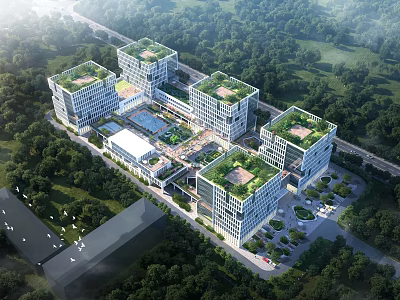 Modern Commercial Complex With Green Roofs Surrounded By Lush Trees And Integrated Spaces 3d model