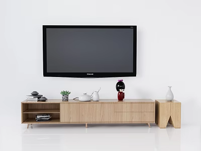 Modern Wooden TV Stand With Drawers Open Shelves And Decorative Items 3d model