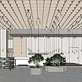 Modern Retail Store Interior With Grid Ceiling Wooden Walls And Green Plants In Stone Planters