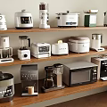 Various Types of Kitchen Appliances on Wooden Shelves in Modern Kitchen