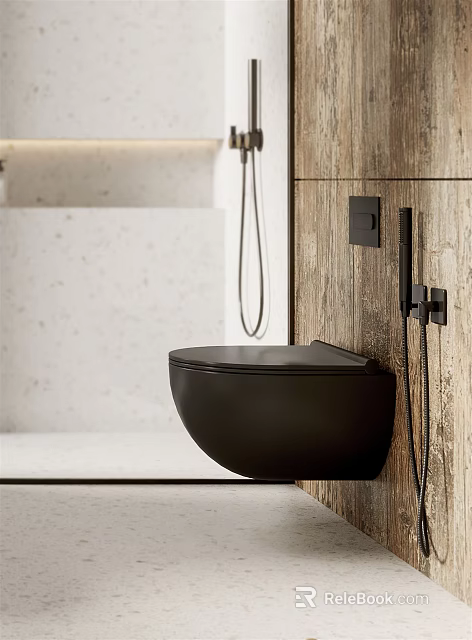 Modern Bathroom Interior Design With Black Wall Mounted Toilet Wooden Wall And Light Colored Stone 3d model 