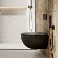 Modern Bathroom Interior Design With Black Wall Mounted Toilet Wooden Wall And Light Colored Stone