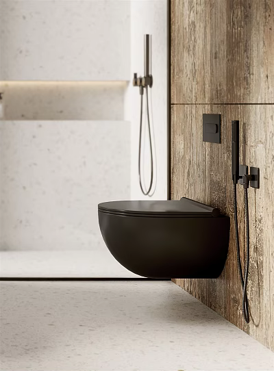 Modern Bathroom Interior Design With Black Wall Mounted Toilet Wooden Wall And Light Colored Stone 3d model
