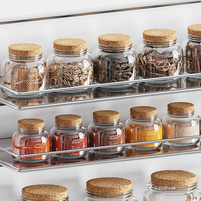 Clear Glass Spice Jars With Cork Lids On Metal Rack For Kitchen Organization 3d model 
