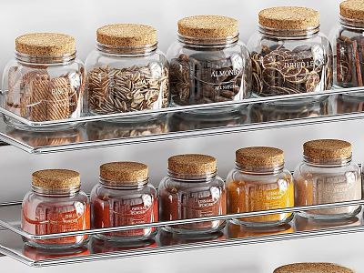 Clear Glass Spice Jars With Cork Lids On Metal Rack For Kitchen Organization 3d model
