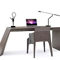 Modern Gray Desk With Laptop Table Lamp Decorative Sculpture And Chair