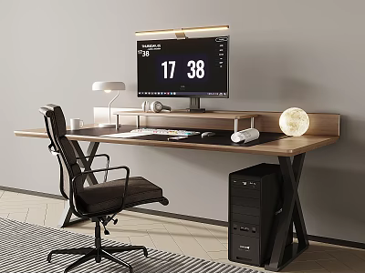Modern Wooden Desk Setup with Monitor Lamp Office Chair and PC Tower 3d model