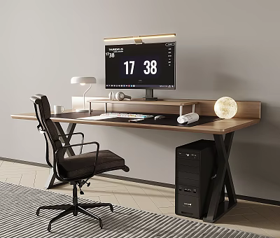 Modern Wooden Desk Setup with Monitor Lamp Office Chair and PC Tower 3d model