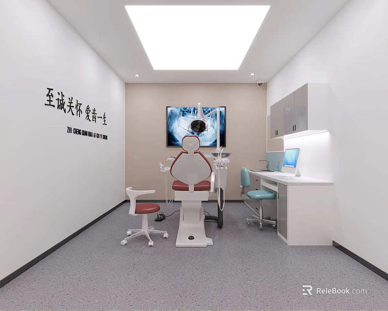 Modern Dental Clinic Interior With Dental Chair Monitor And Workstation White Walls And Ceiling Lights 3d model 