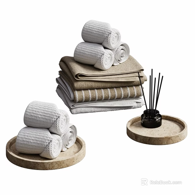 Cozy Home Living Essentials With Rolled Towels Stacked Blankets And Aromatherapy Reed Diffuser On Trays 3d model 