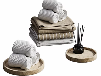 Cozy Home Living Essentials With Rolled Towels Stacked Blankets And Aromatherapy Reed Diffuser On Trays 3d model