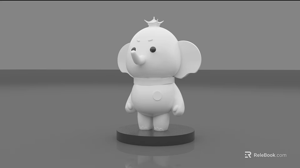 Cute White Elephant Stuffed Toy With Crown Big Ears On Black Base 3d model 