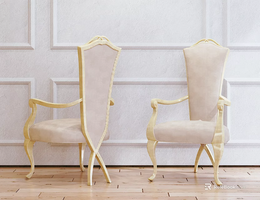 Beige Velvet Single Sofa With Gold Frame Against White Paneled Wall And Wooden Floor 3d model 