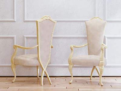Beige Velvet Single Sofa With Gold Frame Against White Paneled Wall And Wooden Floor 3d model