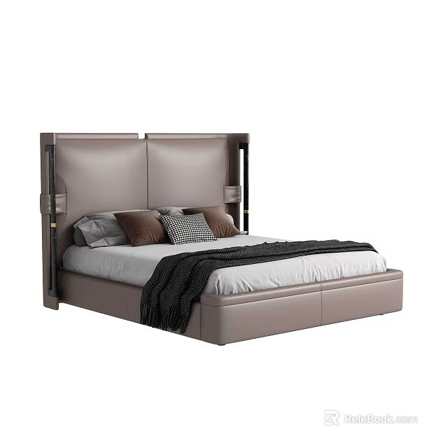Modern Light Brown Leather Double Bed With Decorative Pillows And Blanket 3d model