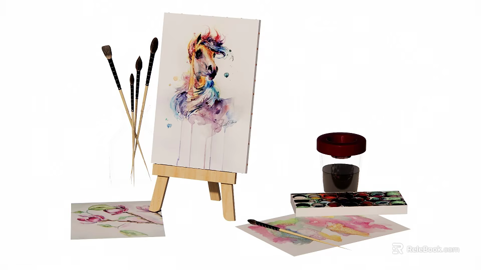 Watercolor Art Tools With Canvas Easel Brushes Paints And Musical Notes 3d model 