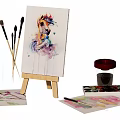 Watercolor Art Tools With Canvas Easel Brushes Paints And Musical Notes