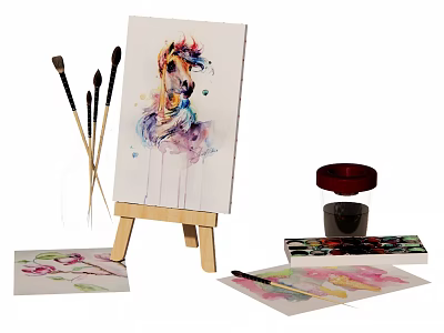 Watercolor Art Tools With Canvas Easel Brushes Paints And Musical Notes 3d model