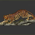 Realistic Tiger Statue Crouching Pose With Orange Black Stripes On Stone Base