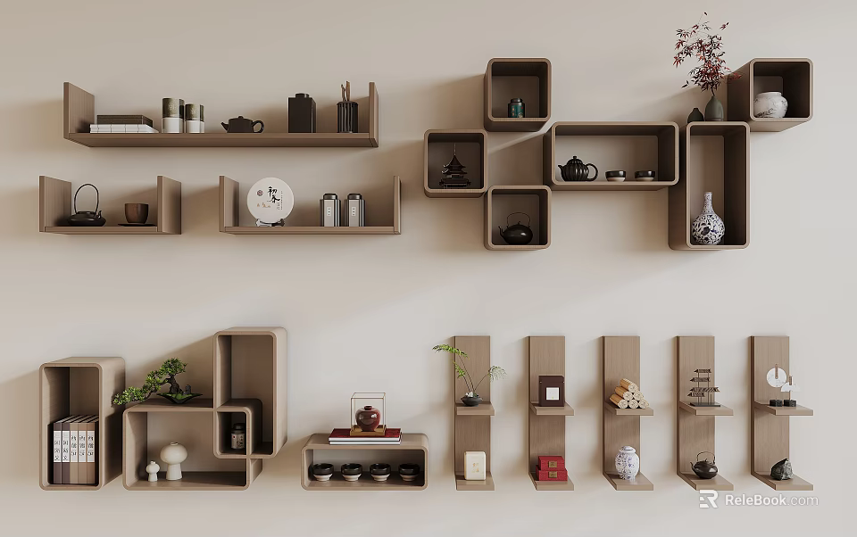 Modern Stylish Wall Cabinets With Decorative Plants Vases And Tea Sets 3d model 