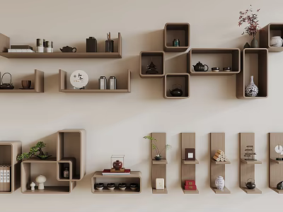 Modern Stylish Wall Cabinets With Decorative Plants Vases And Tea Sets 3d model