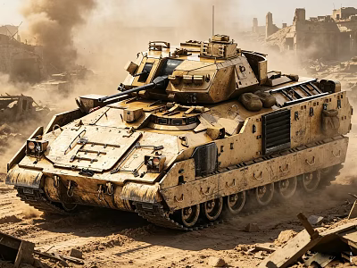 Military Tank Moving Through Desert Battlefield With Ruined Buildings And Dust 3d model