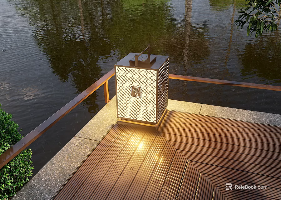 Outdoor Light With Square Lattice Design On Wooden Deck Near Water Surface And Railing 3d model 