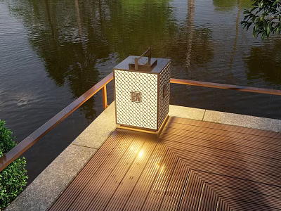 Outdoor Light With Square Lattice Design On Wooden Deck Near Water Surface And Railing 3d model