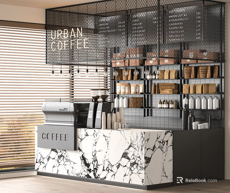 Urban Coffee Shop Interior Featuring Metal Grid Walls Marble Counter And Coffee Bean Displays 3d model 