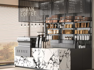 Urban Coffee Shop Interior Featuring Metal Grid Walls Marble Counter And Coffee Bean Displays 3d model