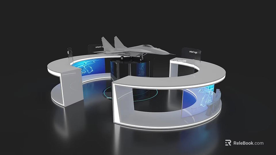 Modern Curved Exhibition Island Design With Blue Screens And Black Frames 3d model 