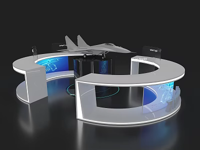 Modern Curved Exhibition Island Design With Blue Screens And Black Frames 3d model