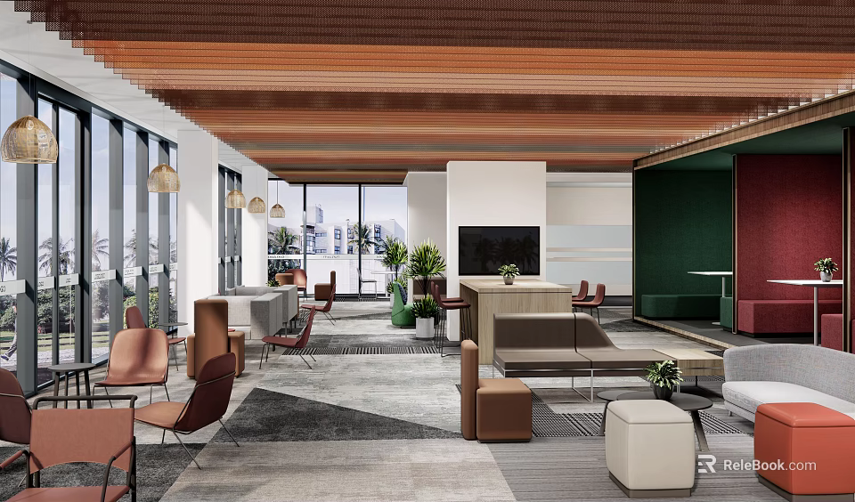 Modern Lounge Area Interior With Wooden Ceiling Large Windows And Comfortable Seating 3d model 