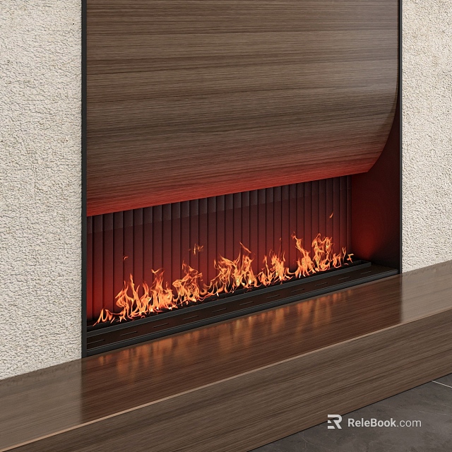 Modern Wooden Panel Fireplace With Vibrant Burning Flames And Stone Hearth 3d model 