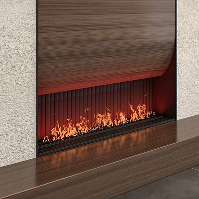 Modern Wooden Panel Fireplace With Vibrant Burning Flames And Stone Hearth 3d model
