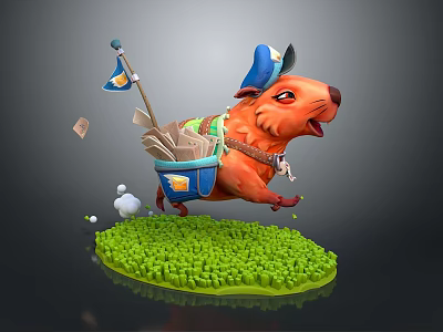 Playful Orange Rodent Game Character With Blue Hat Basket Small Flag On Green Grass 3d model