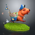 Playful Orange Rodent Game Character With Blue Hat Basket Small Flag On Green Grass