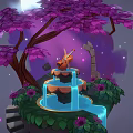 Cartoon Floating Island Scene With Purple Tree Blue Fountain Stone Steps And Full Moon