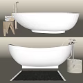 Elegant White Freestanding Bathtub With Stacked Towels Wooden Stool And Modern Faucet