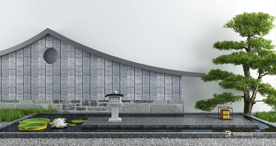 Traditional Japanese Courtyard Garden With Stone Wall Stone Lantern And Water Pond 3d model 