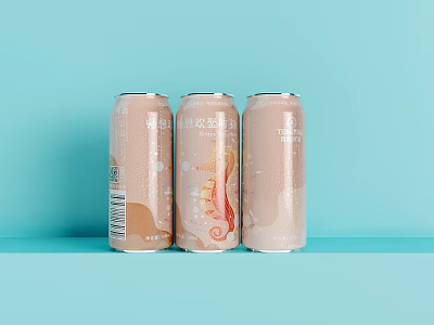 Three Orange Pink Drink Cans With Patterns On Light Blue Background 3d model