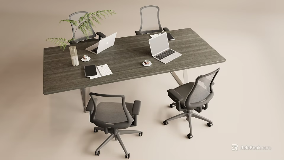 Modern Office Desk Setup With Two Laptops Plant Notebooks And Four Chairs 3d model 