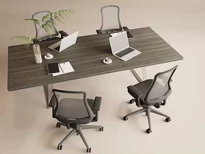 Modern Office Desk Setup With Two Laptops Plant Notebooks And Four Chairs 3d model