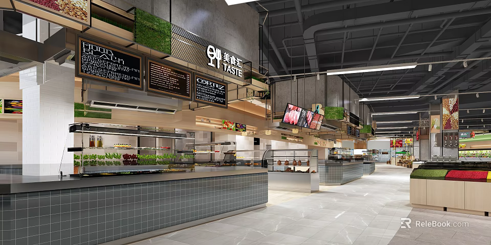 Modern Supermarket Interior With Fresh Produce Display Counters And Food Section 3d model 