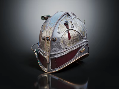 Ornate Vintage Metal Helmet With Intricate Design Silver Red Accents And Metallic Finish 3d model