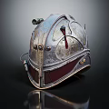 Ornate Vintage Metal Helmet With Intricate Design Silver Red Accents And Metallic Finish
