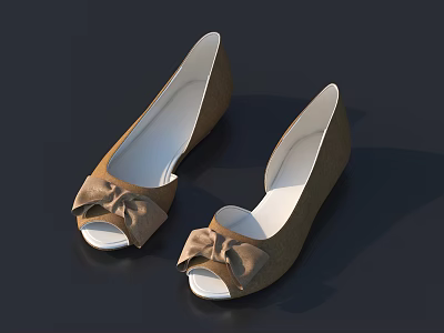 Elegant Women's Brown Peep Toe Flat Shoes with Bow Detail 3d model