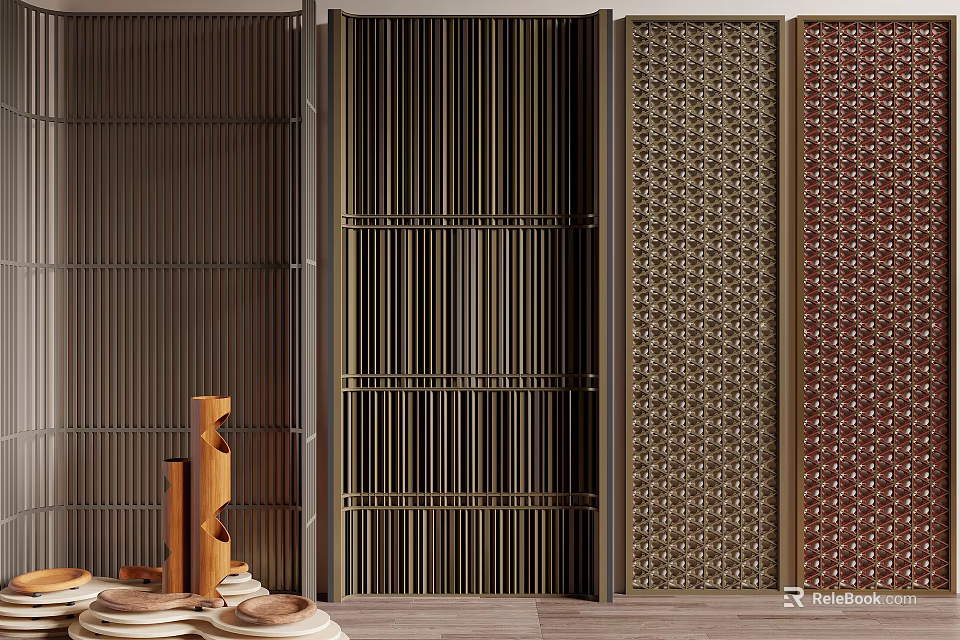 Modern Room Dividers With Metal Vertical Slats Perforated Patterns And Wooden Frames 3d model 
