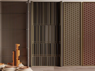 Modern Room Dividers With Metal Vertical Slats Perforated Patterns And Wooden Frames 3d model